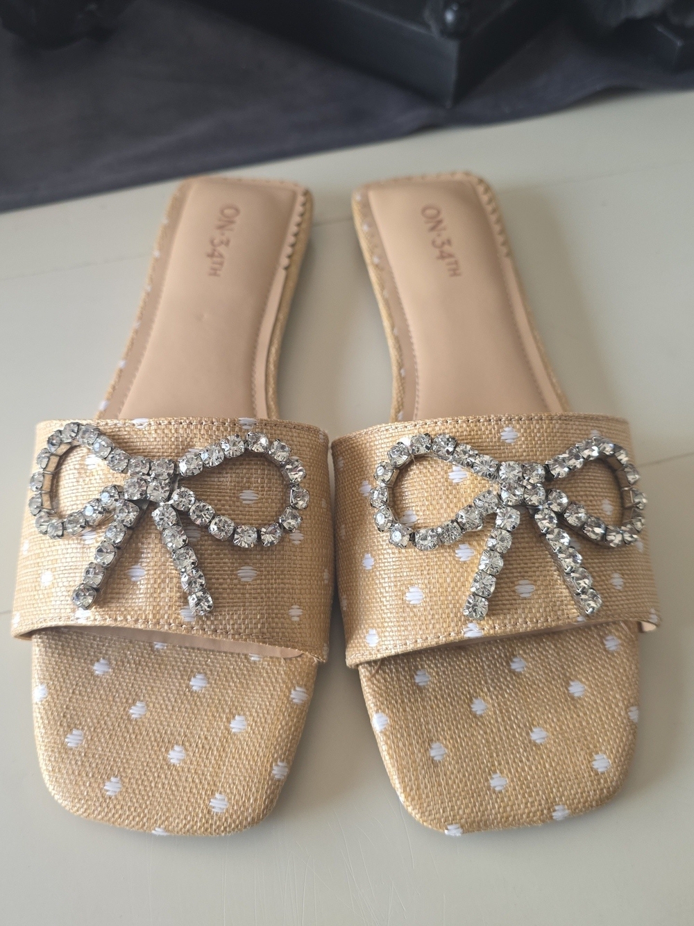 ON 34th 8.5 Beige Polka Dot Slide Mules with Crystal Bow